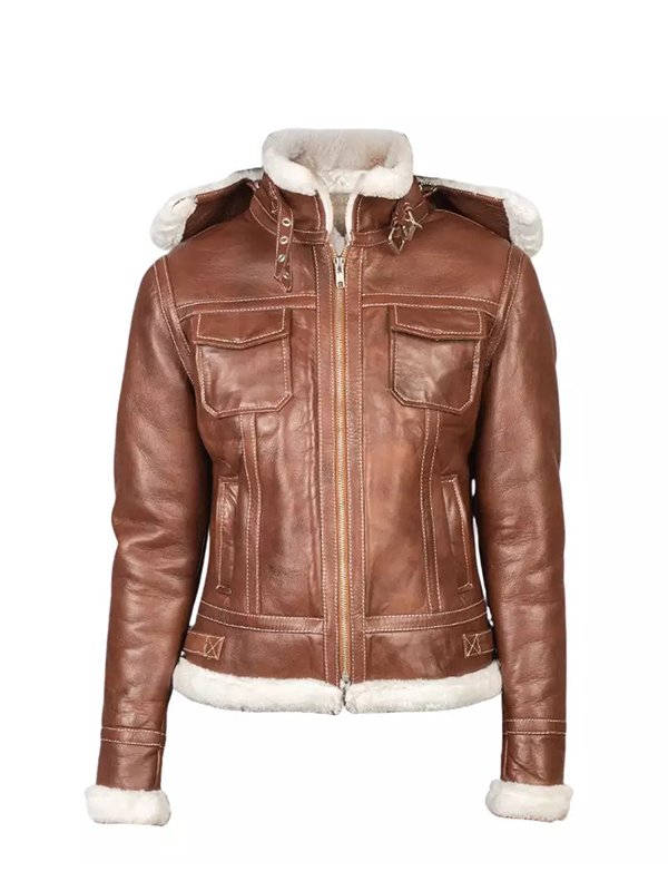Women Brown Hooded Shearling Jacket