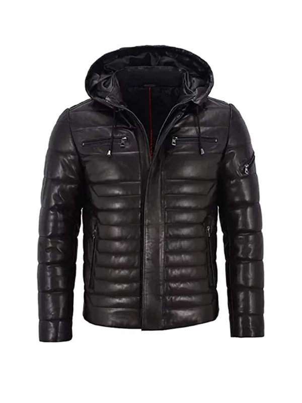 Mens Black Puffer Hooded Jacket