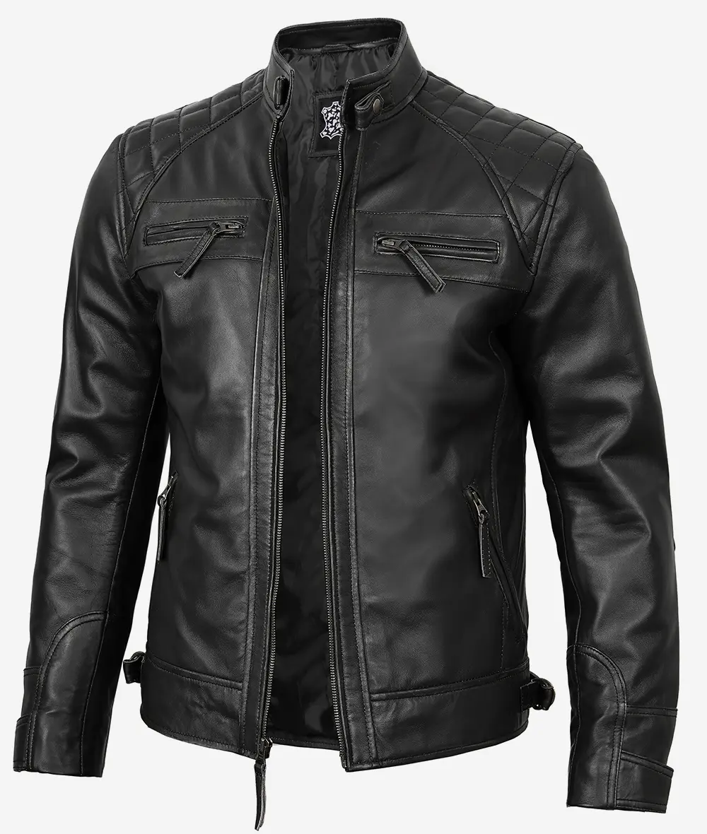 Men’s Black Leather Biker Style Jacket – Quilted Shoulder
