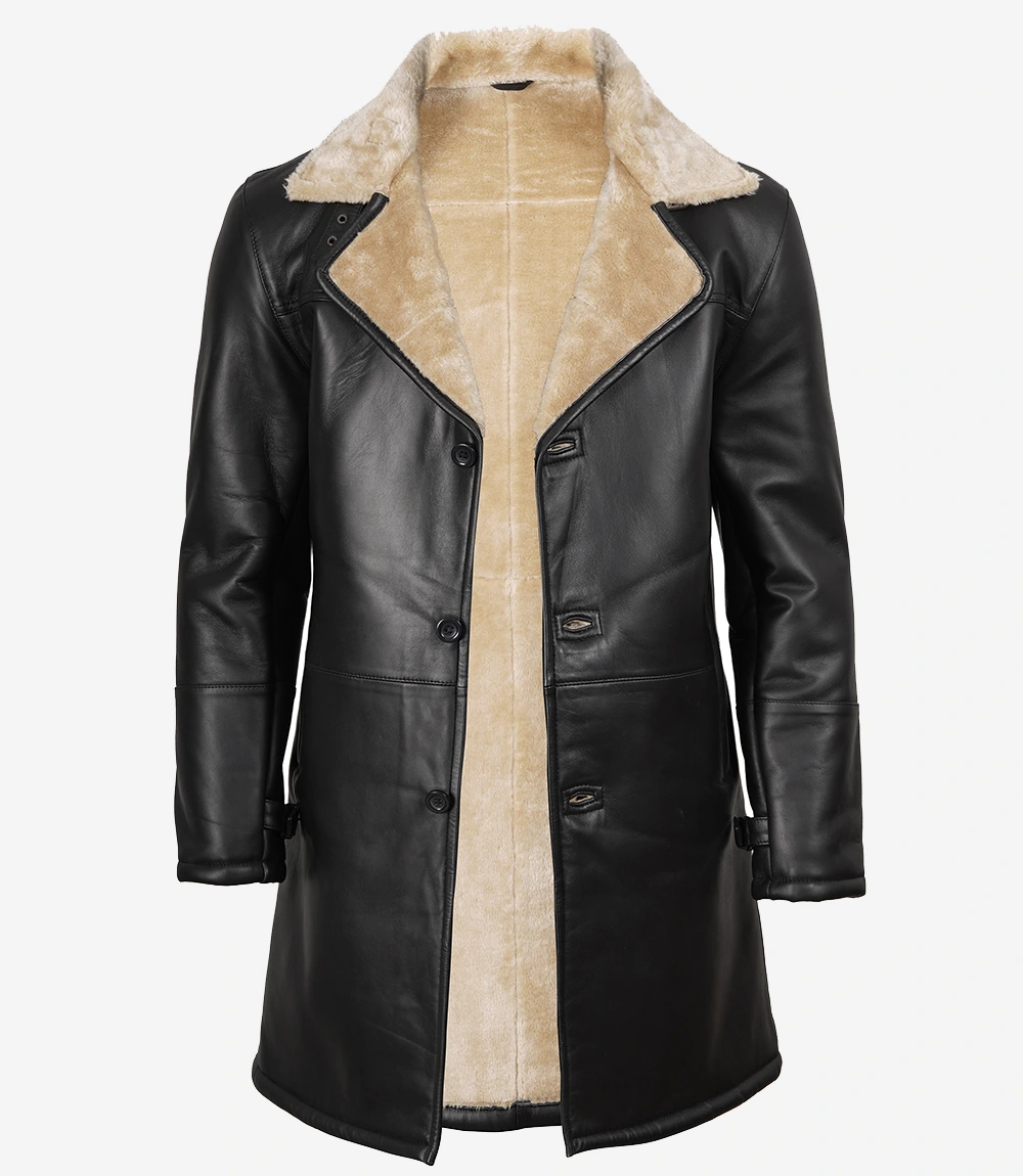 Men’s Real Leather 3/4 Length Black Shearling Coat