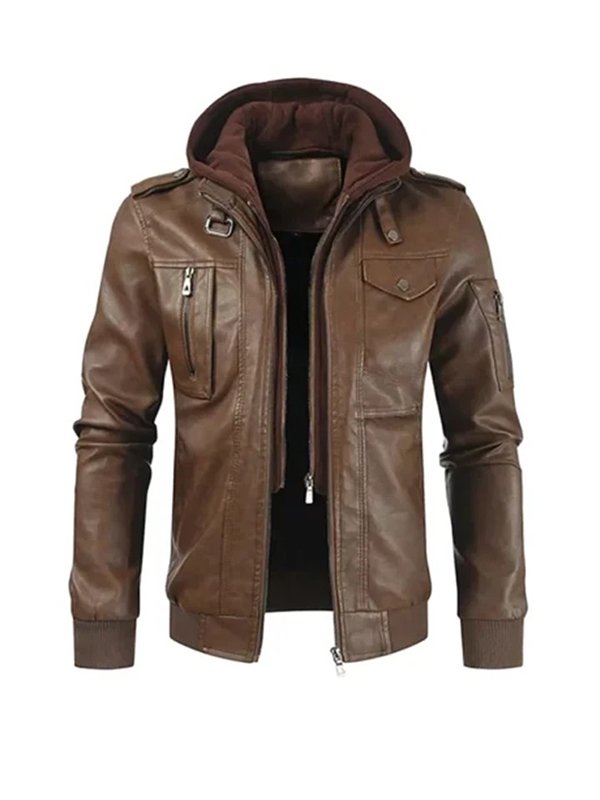 Brown Leather Hooded Rider Jacket