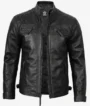 Men's Black Leather Biker Style Jacket - Quilted Shoulder