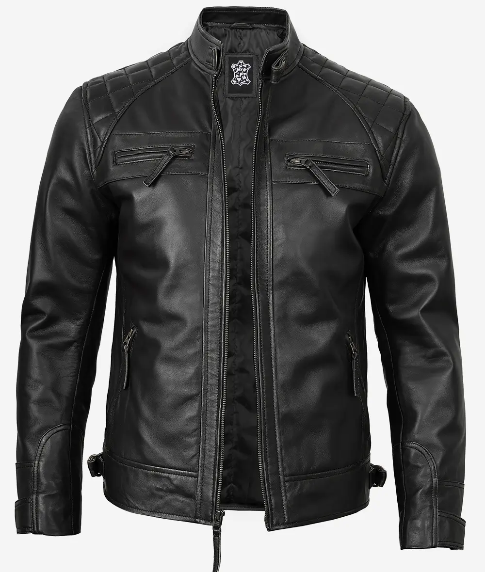 Men’s Black Leather Biker Style Jacket – Quilted Shoulder