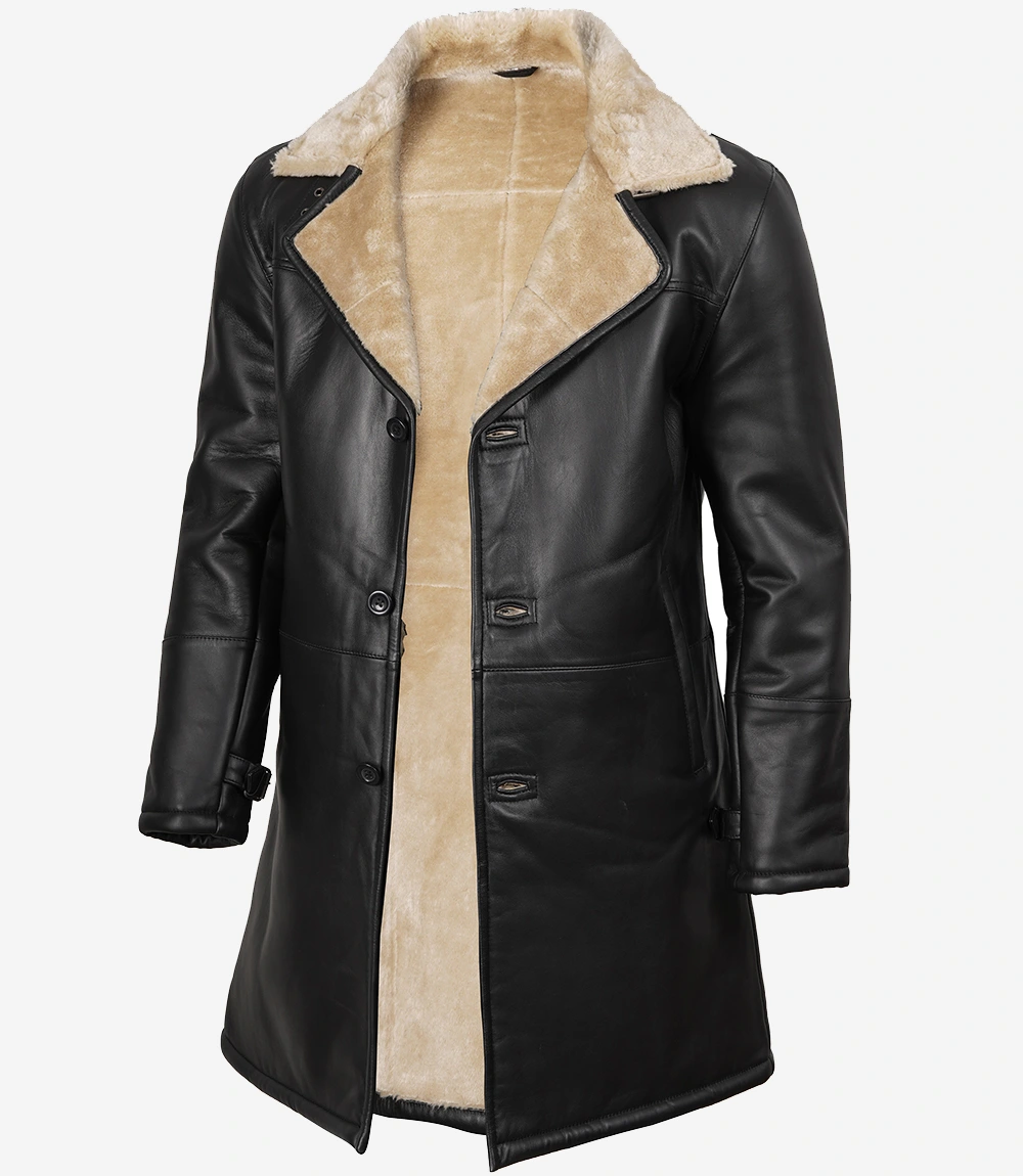 Men’s Real Leather 3/4 Length Black Shearling Coat