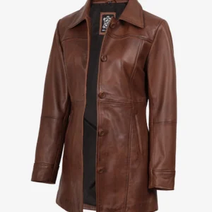 Womens Cognac 3/4 Length Button Down Leather Coat