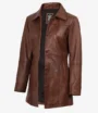 Womens Cognac 3/4 Length Button Down Leather Coat