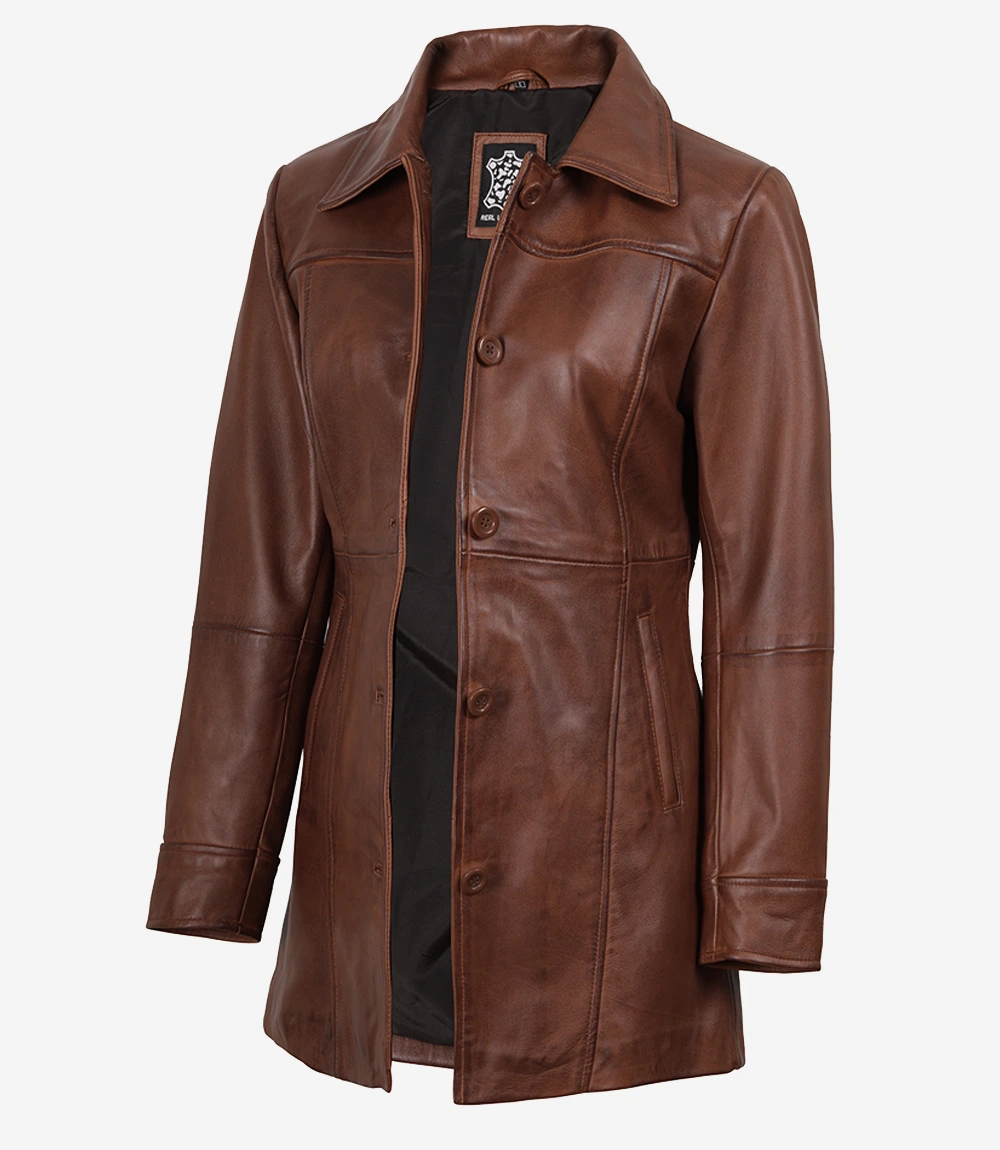 Womens Cognac 3/4 Length Button Down Leather Coat