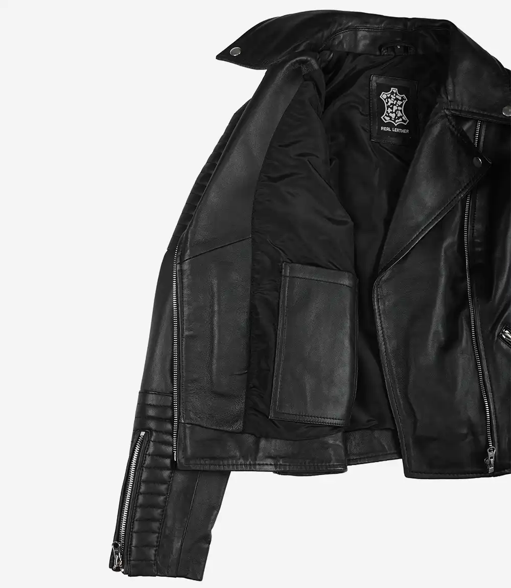 Women's Real Leather Black Biker Style Jacket - Image 5