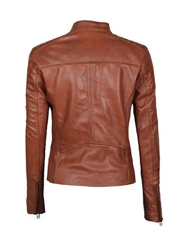 Womens Biker Brown Leather Jacket - Image 2