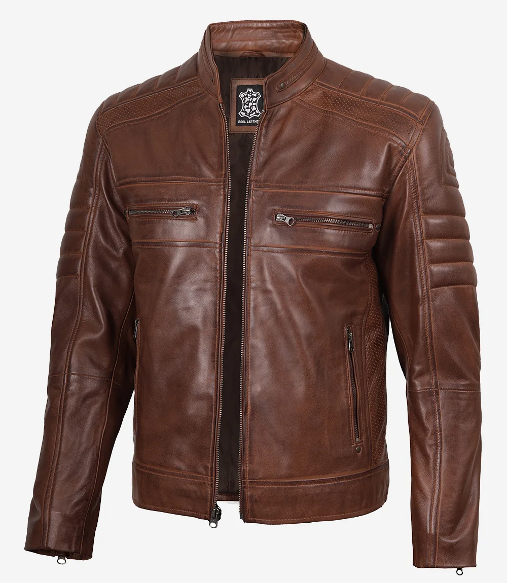 Men’s Cognac Waxed Leather Cafe Racer Jacket