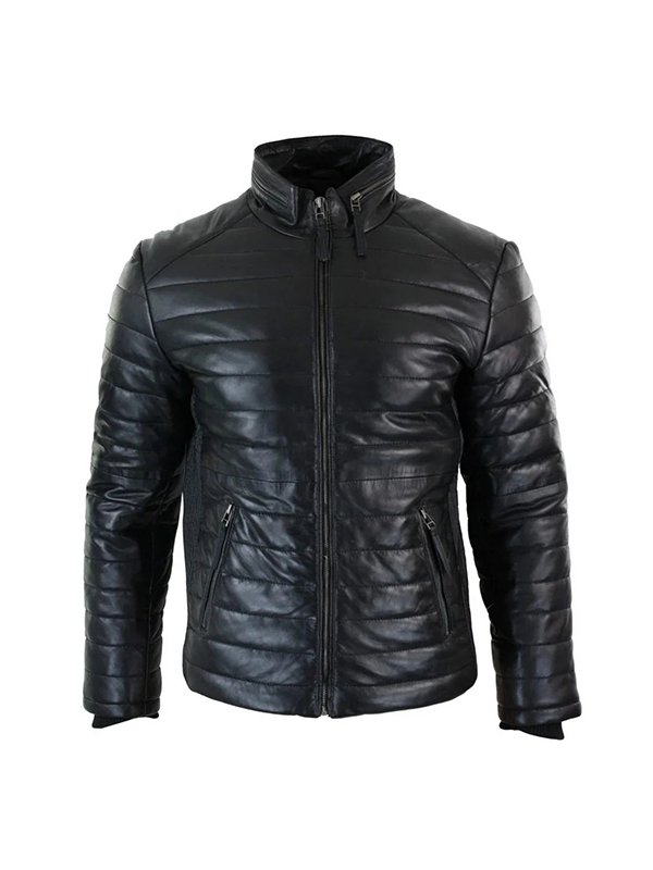 Genuine Black Leather Mens Puffer Jacket