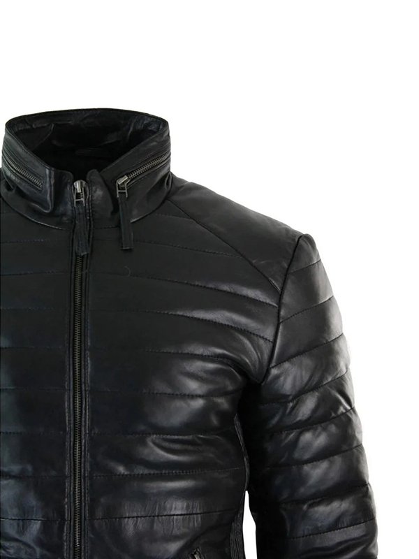 Genuine Black Leather Mens Puffer Jacket