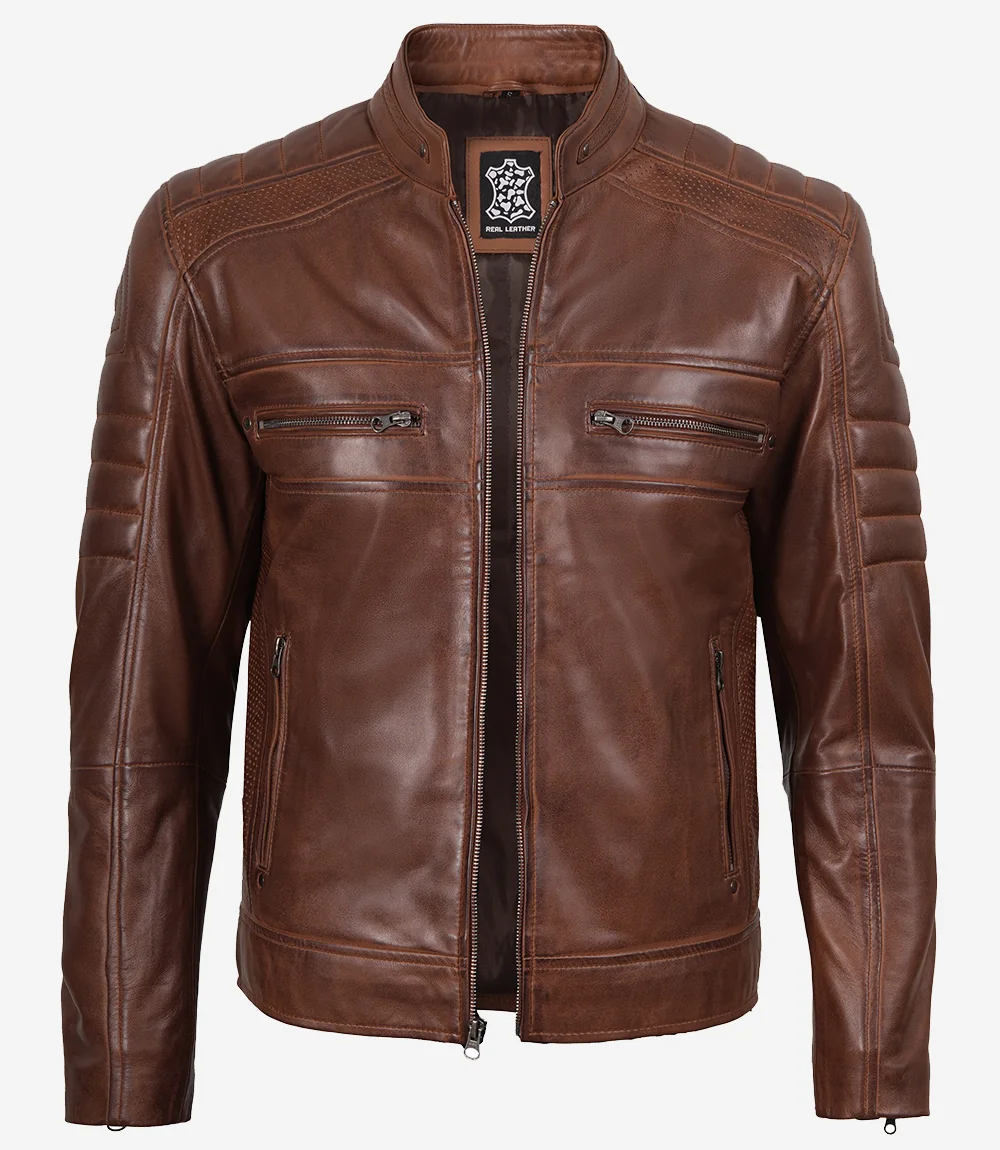 Men’s Cognac Waxed Leather Cafe Racer Jacket