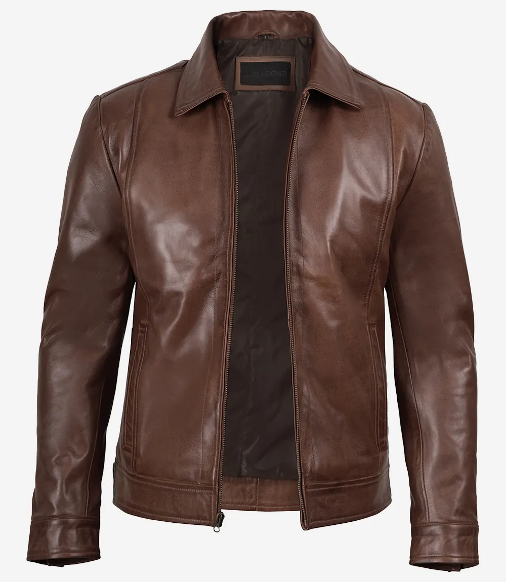 Men’s Real Leather Cognac Harrington Jacket