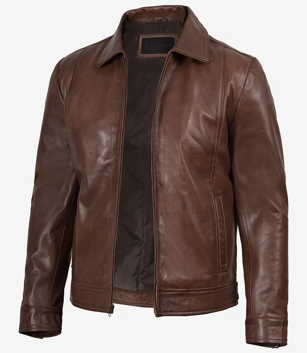 Men’s Real Leather Cognac Harrington Jacket
