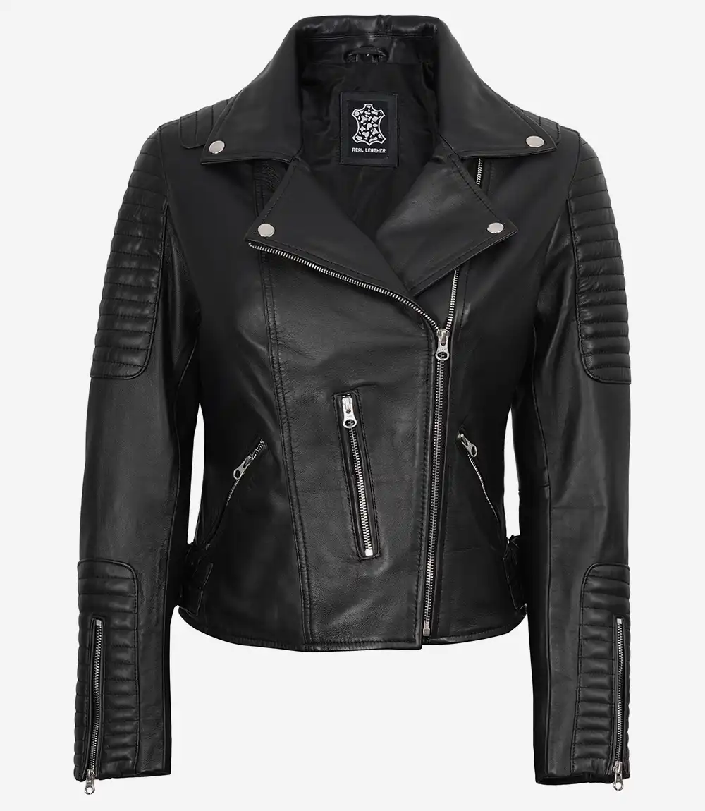 Women's Real Leather Black Biker Style Jacket - Image 2