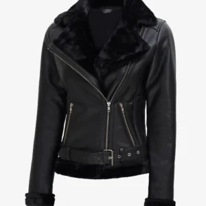 Women's Black Leather Biker Jacket — Faux-Shearling Lined