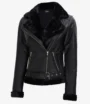 Women's Black Leather Biker Jacket — Faux-Shearling Lined