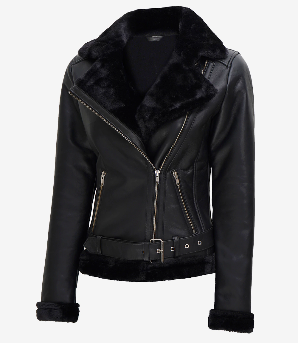 Women’s Black Leather Biker Jacket — Faux-Shearling Lined